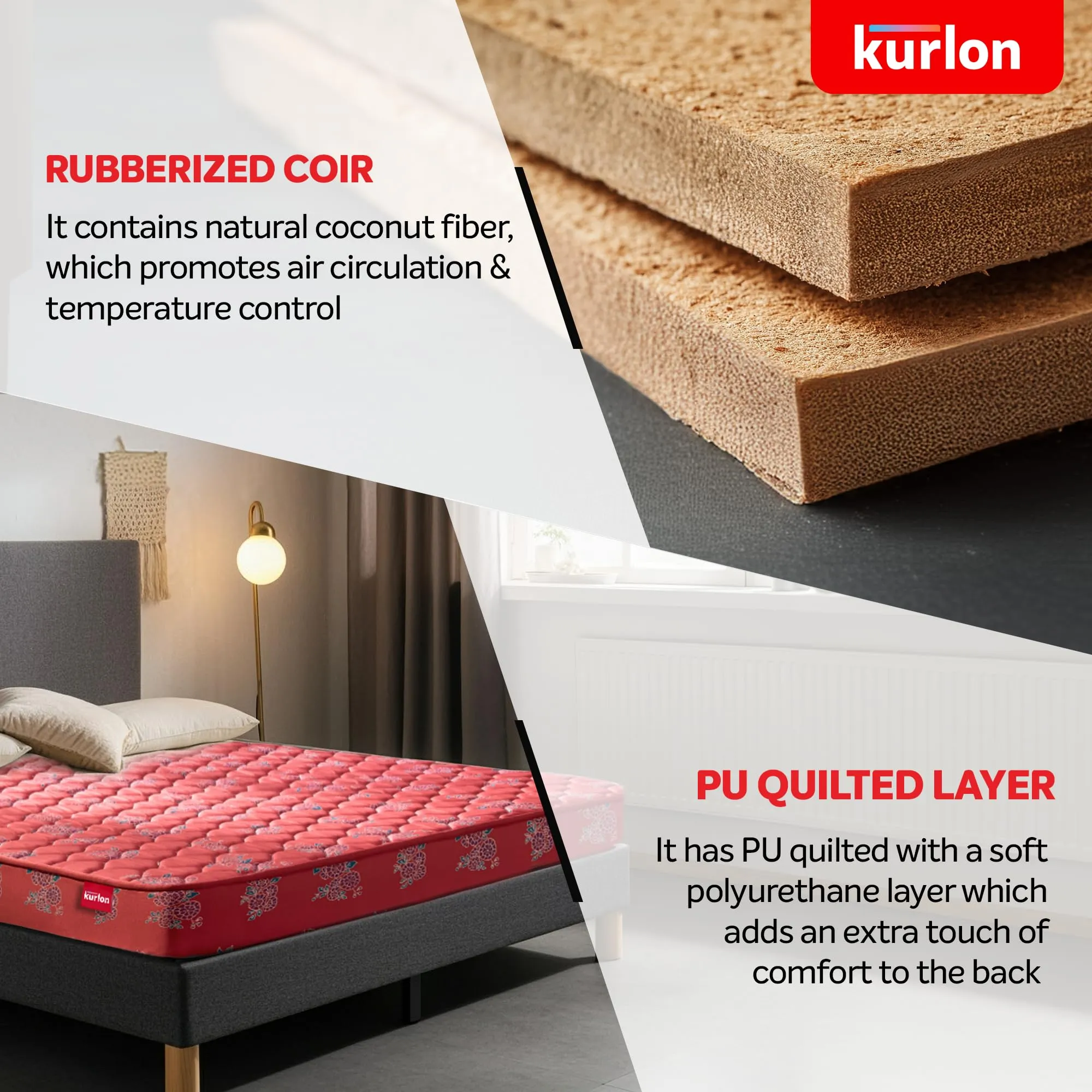 Kurlon Rutile Mattress | Natural Coir Mattress | Breathable | Medium Firm Support | Natural Cooling | PU Quilted | Durable | King Size | 78x72x6 | 5 Yrs Warranty