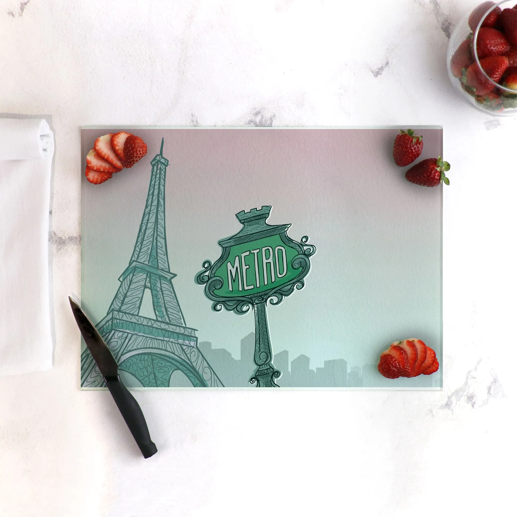 Le Metro de Paris Tempered Glass Cutting Board 15.75" X 11.5" - Designed by Michigan Artists