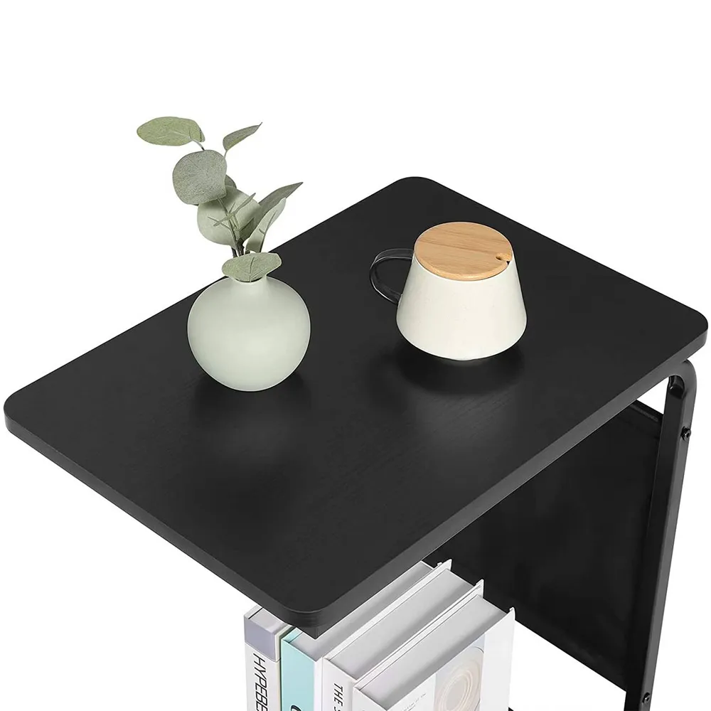 Multi-Functional C-Shaped End Bedside Table With 4 Wheels Black