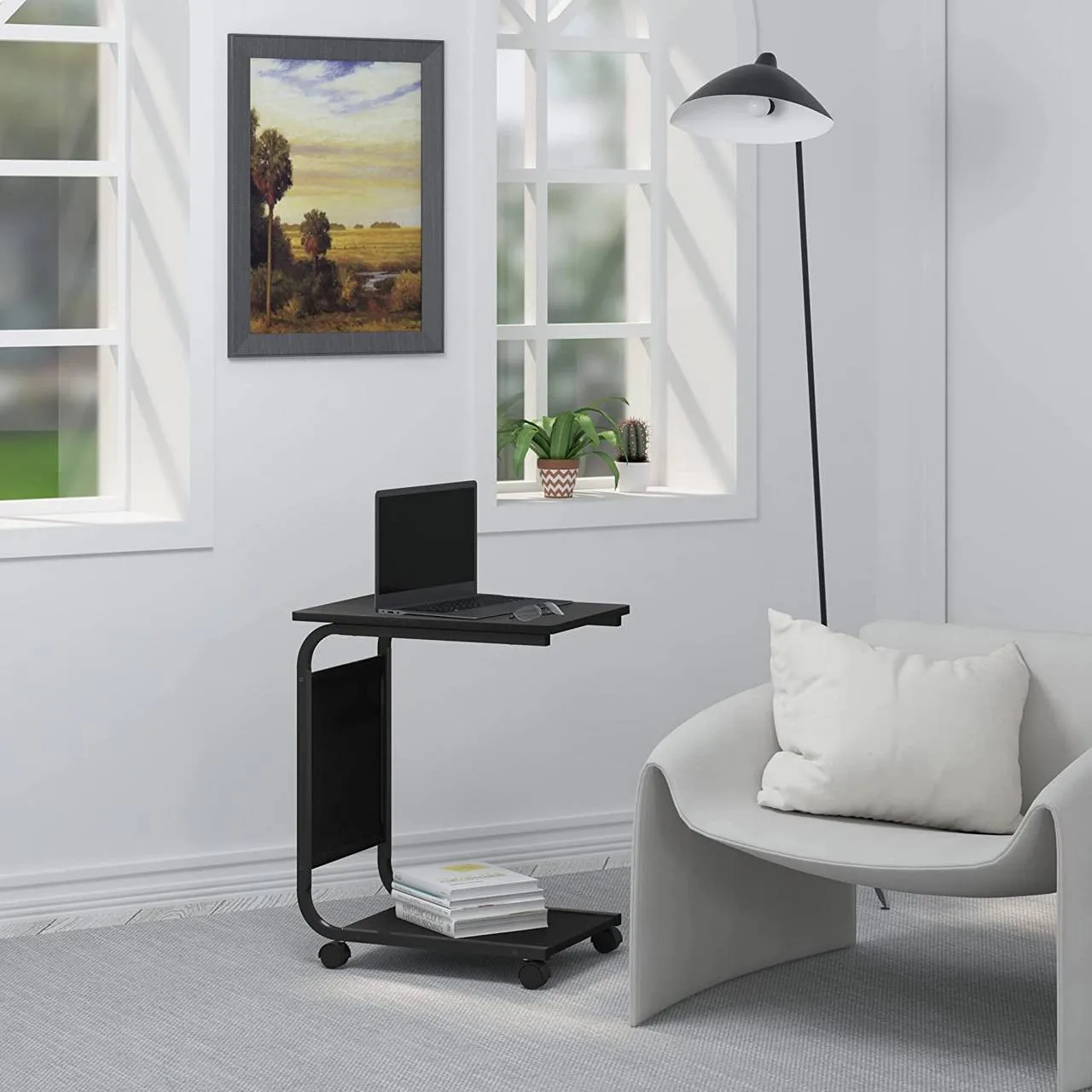 Multi-Functional C-Shaped End Bedside Table With 4 Wheels Black