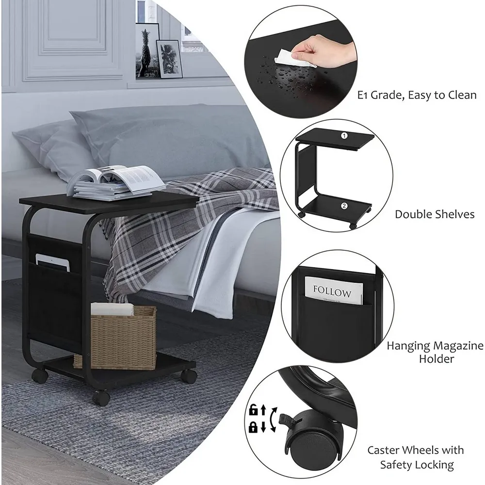 Multi-Functional C-Shaped End Bedside Table With 4 Wheels Black