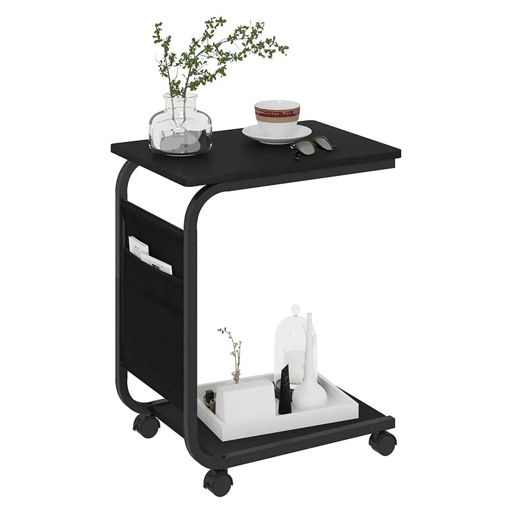 Multi-Functional C-Shaped End Bedside Table With 4 Wheels Black