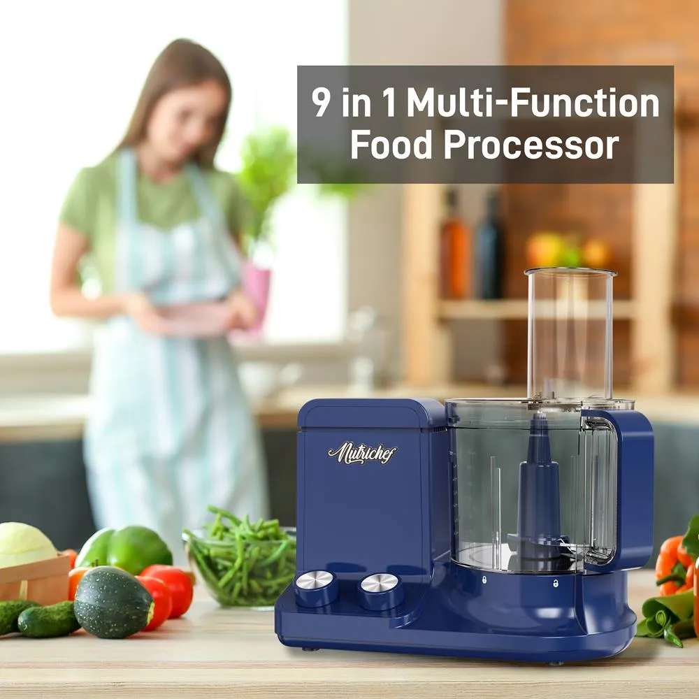 Multifunction Food Processor - Ultra Quiet Powerful Motor, Includes 6 Attachment Blades, Up To 2L Capacity (Blue)