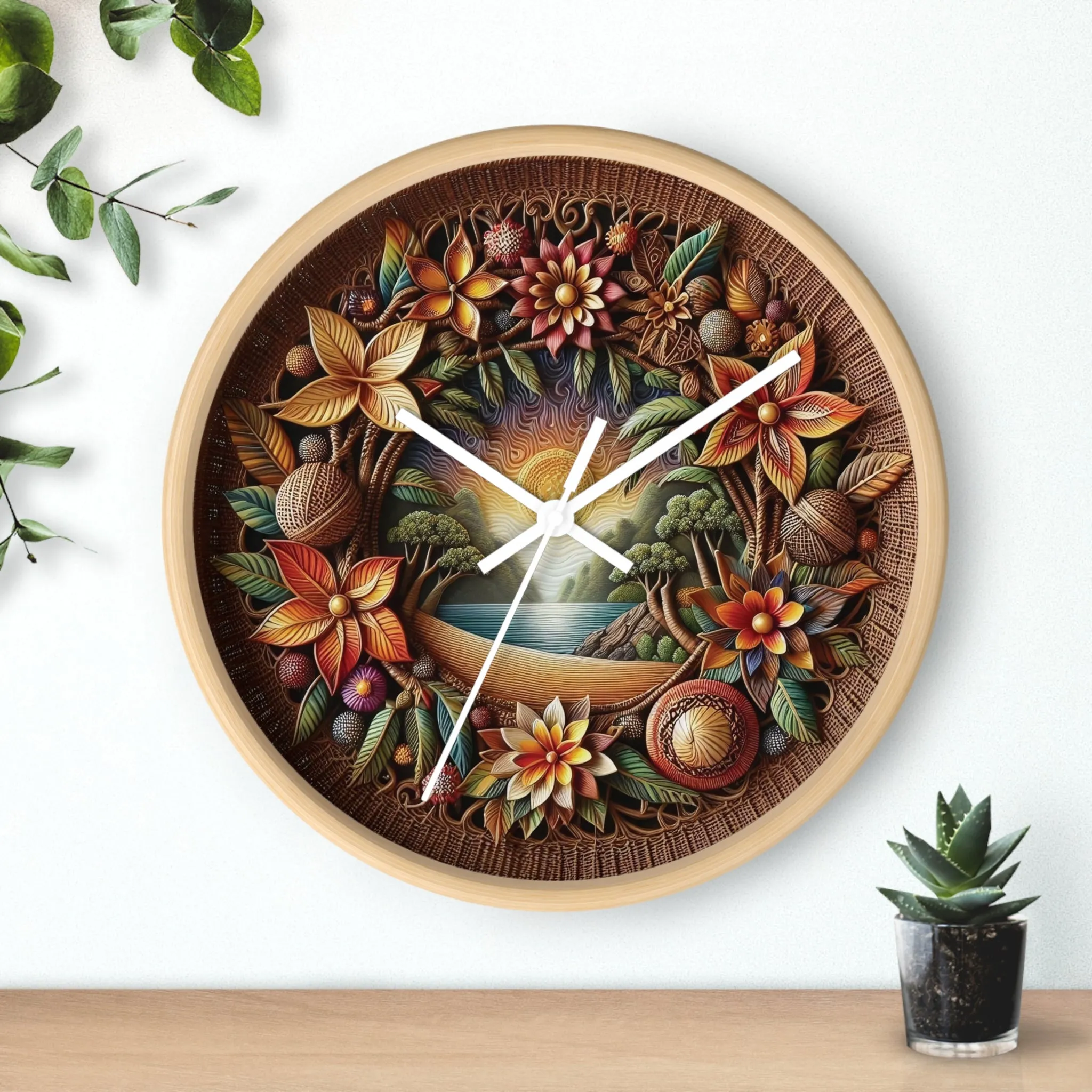 Nature-themed bohemian wicker look Wall Clock