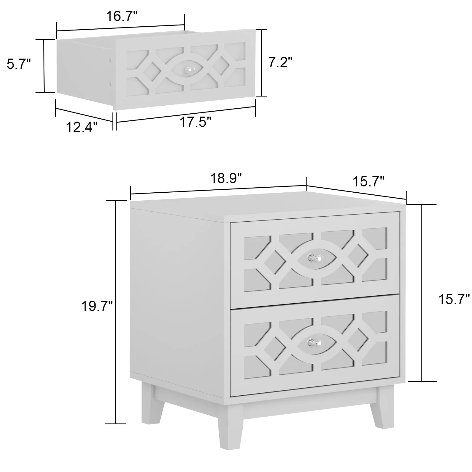 Nightstand Bedside Mirrored Storage Table Dresser with Solid Wood Legs and 2 Drawers