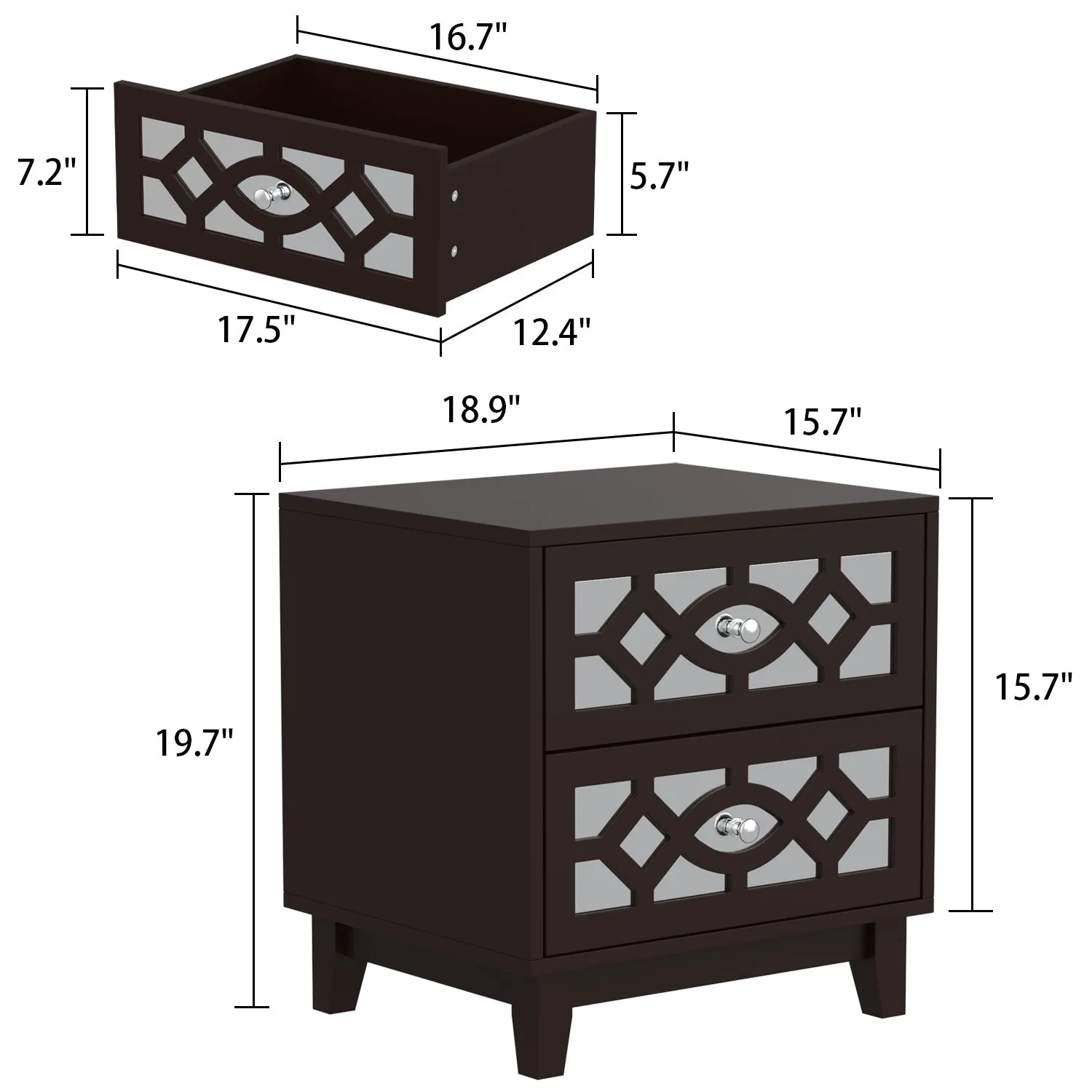 Nightstand Bedside Mirrored Storage Table Dresser with Solid Wood Legs and 2 Drawers