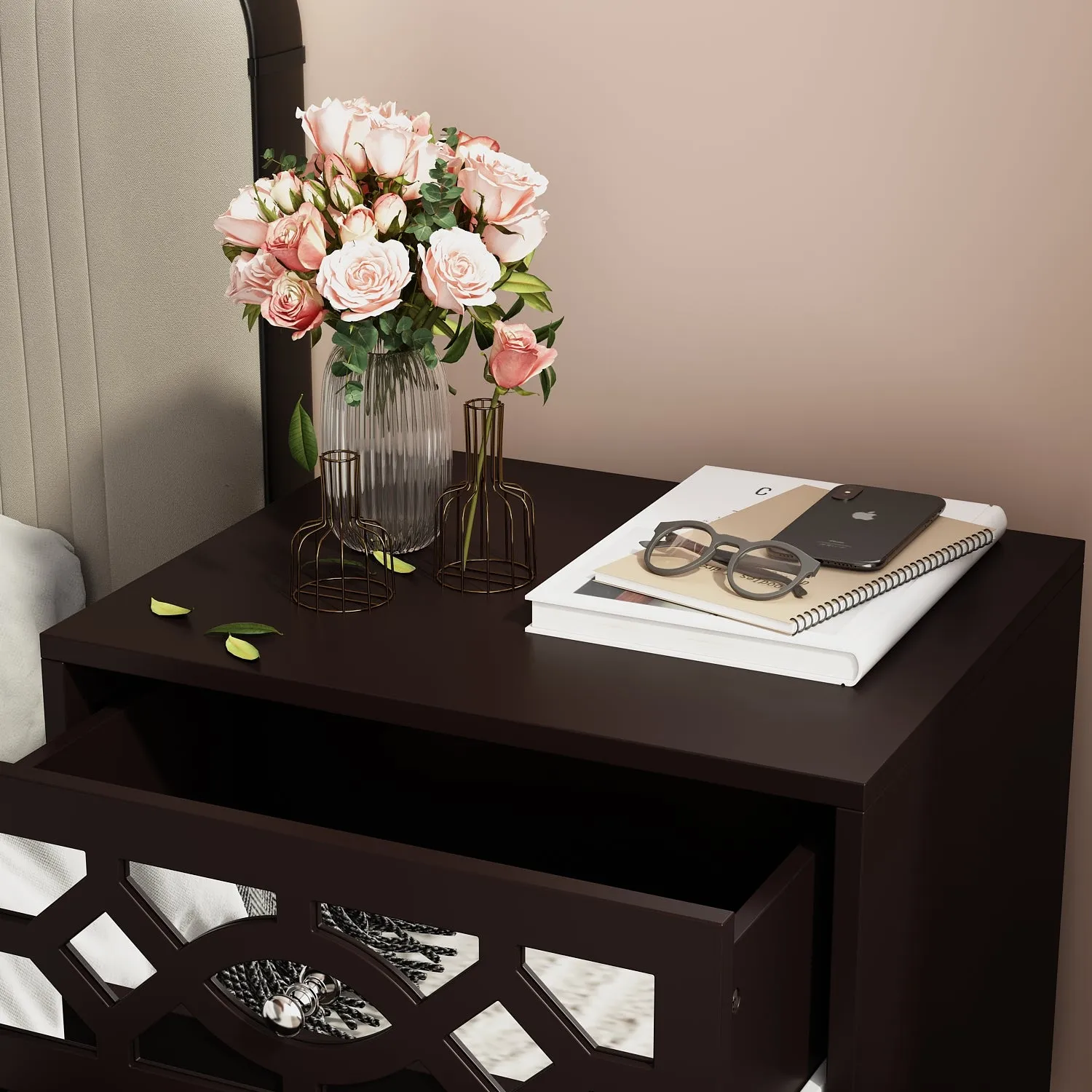 Nightstand Bedside Mirrored Storage Table Dresser with Solid Wood Legs and 2 Drawers