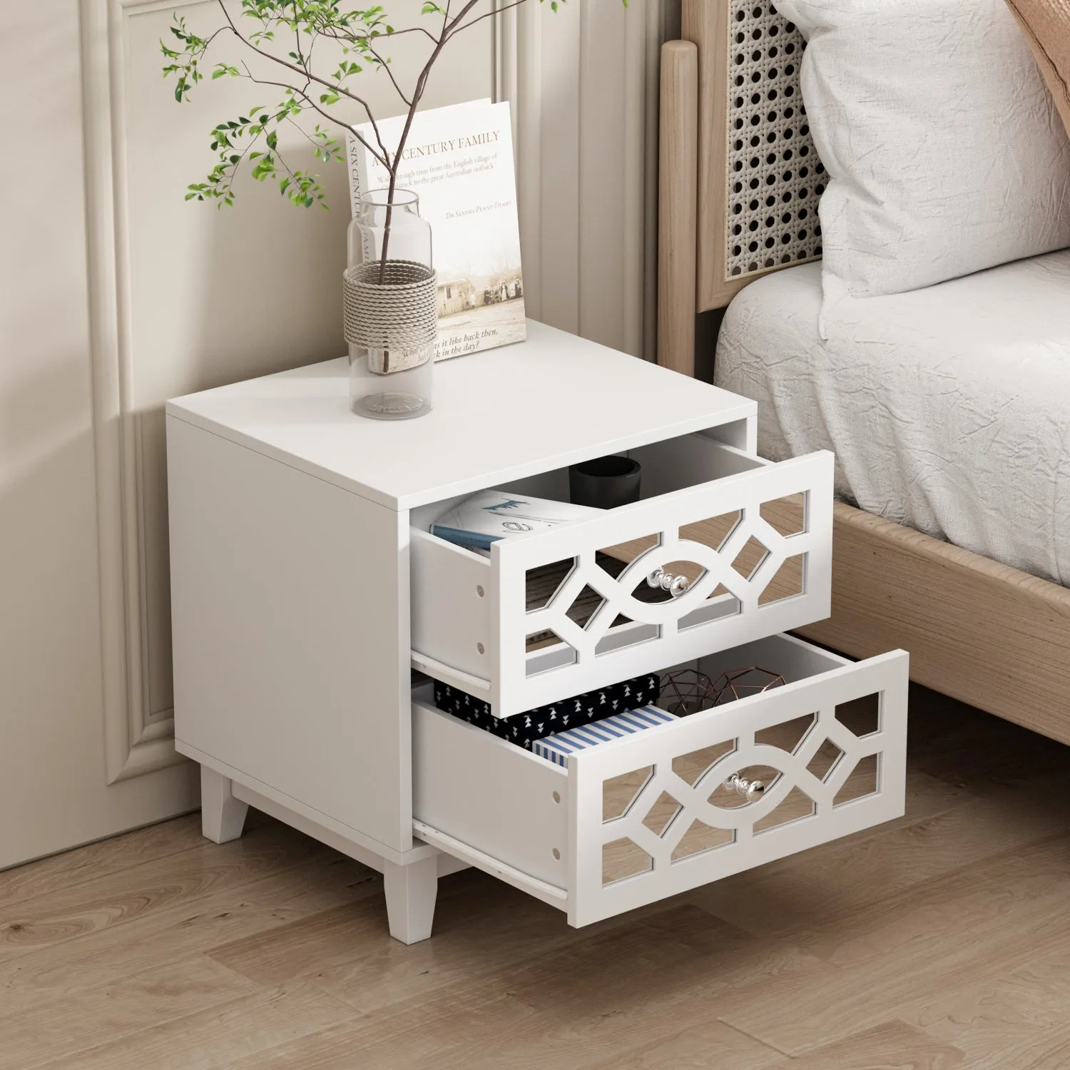 Nightstand Bedside Mirrored Storage Table Dresser with Solid Wood Legs and 2 Drawers