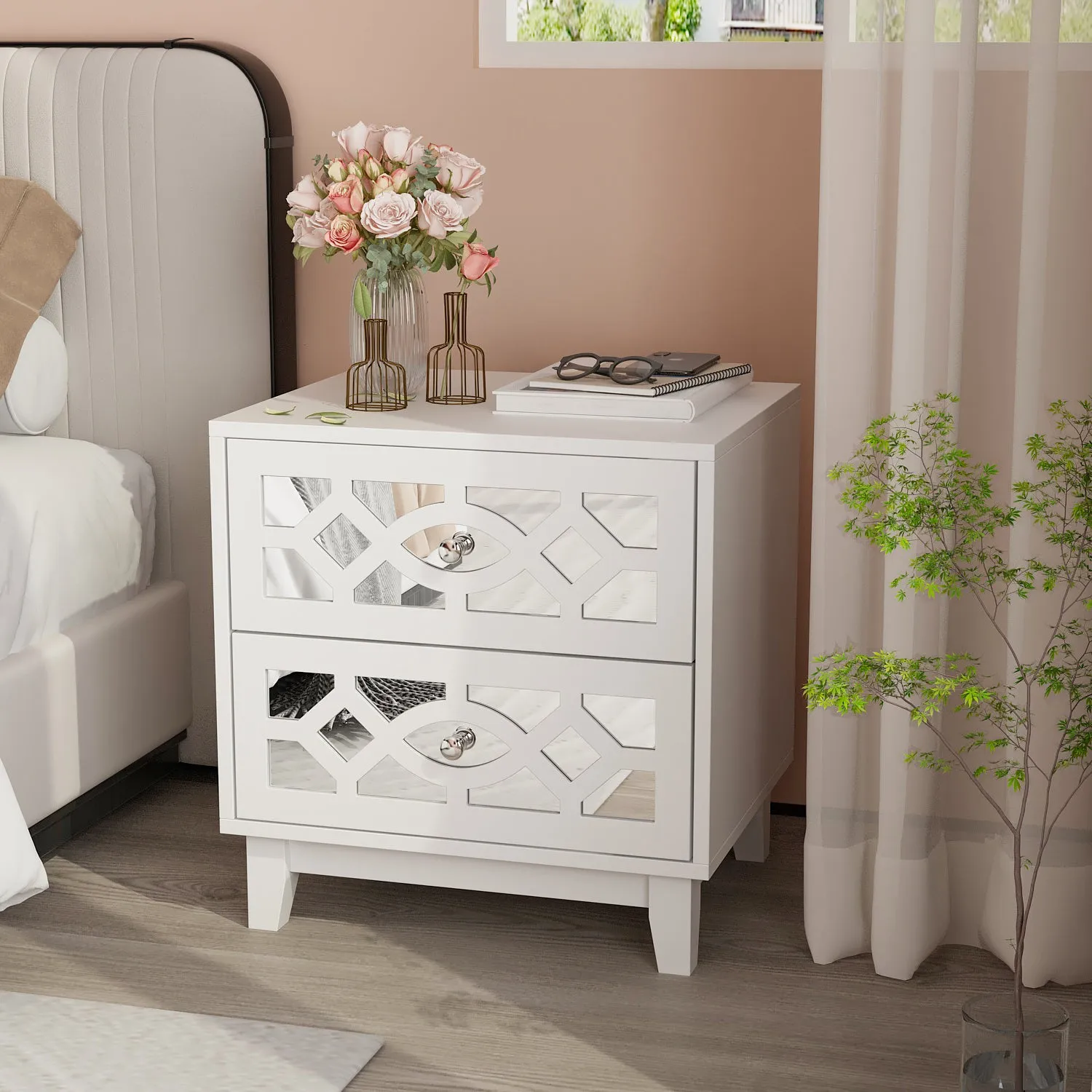 Nightstand Bedside Mirrored Storage Table Dresser with Solid Wood Legs and 2 Drawers