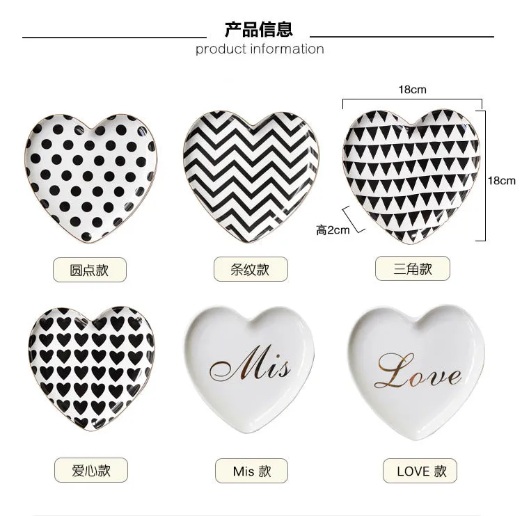 Nordic Modern Love gold-traced ceramics plate black and white heart-shaped breakfast plate fruit dessert plate tableware plates