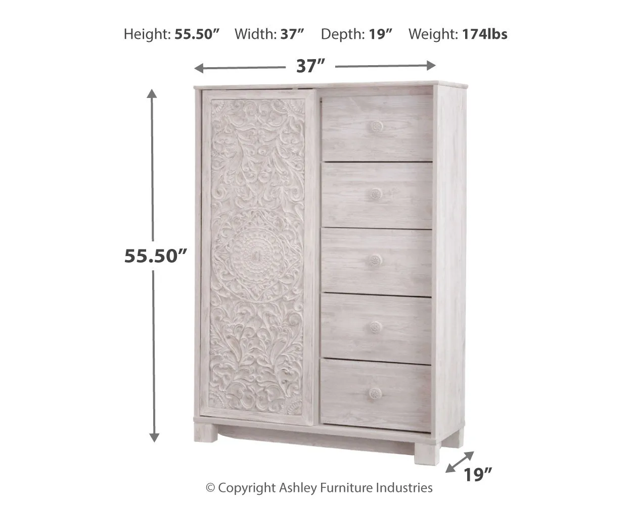 Paxberry Queen Panel Bed with Mirrored Dresser, Chest and 2 Nightstands in Whitewash