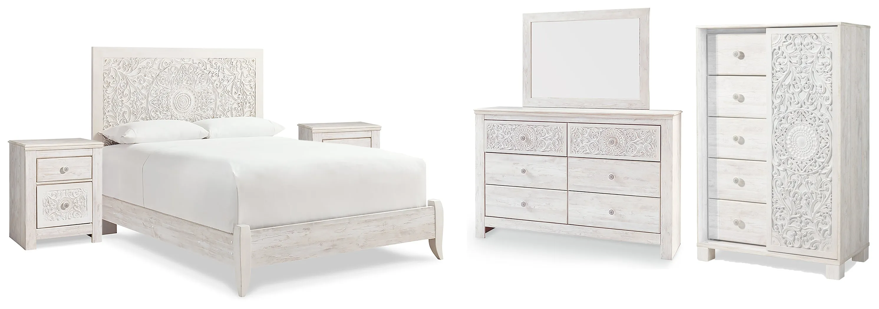 Paxberry Queen Panel Bed with Mirrored Dresser, Chest and 2 Nightstands in Whitewash