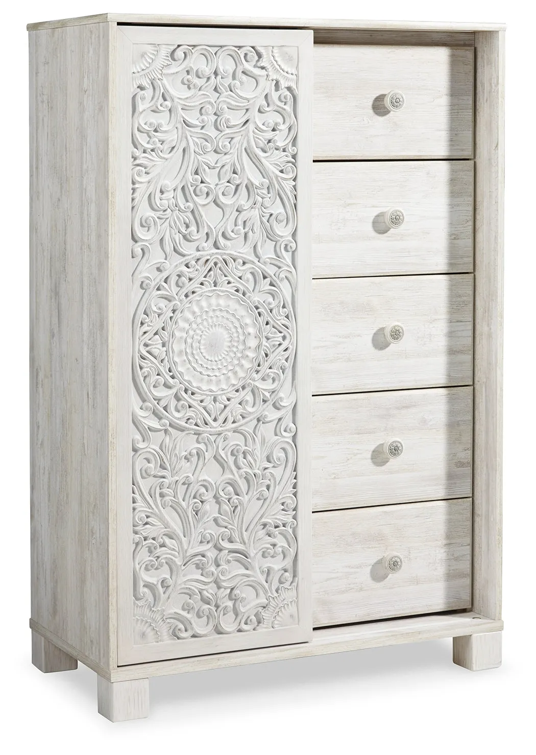 Paxberry Queen Panel Bed with Mirrored Dresser, Chest and 2 Nightstands in Whitewash