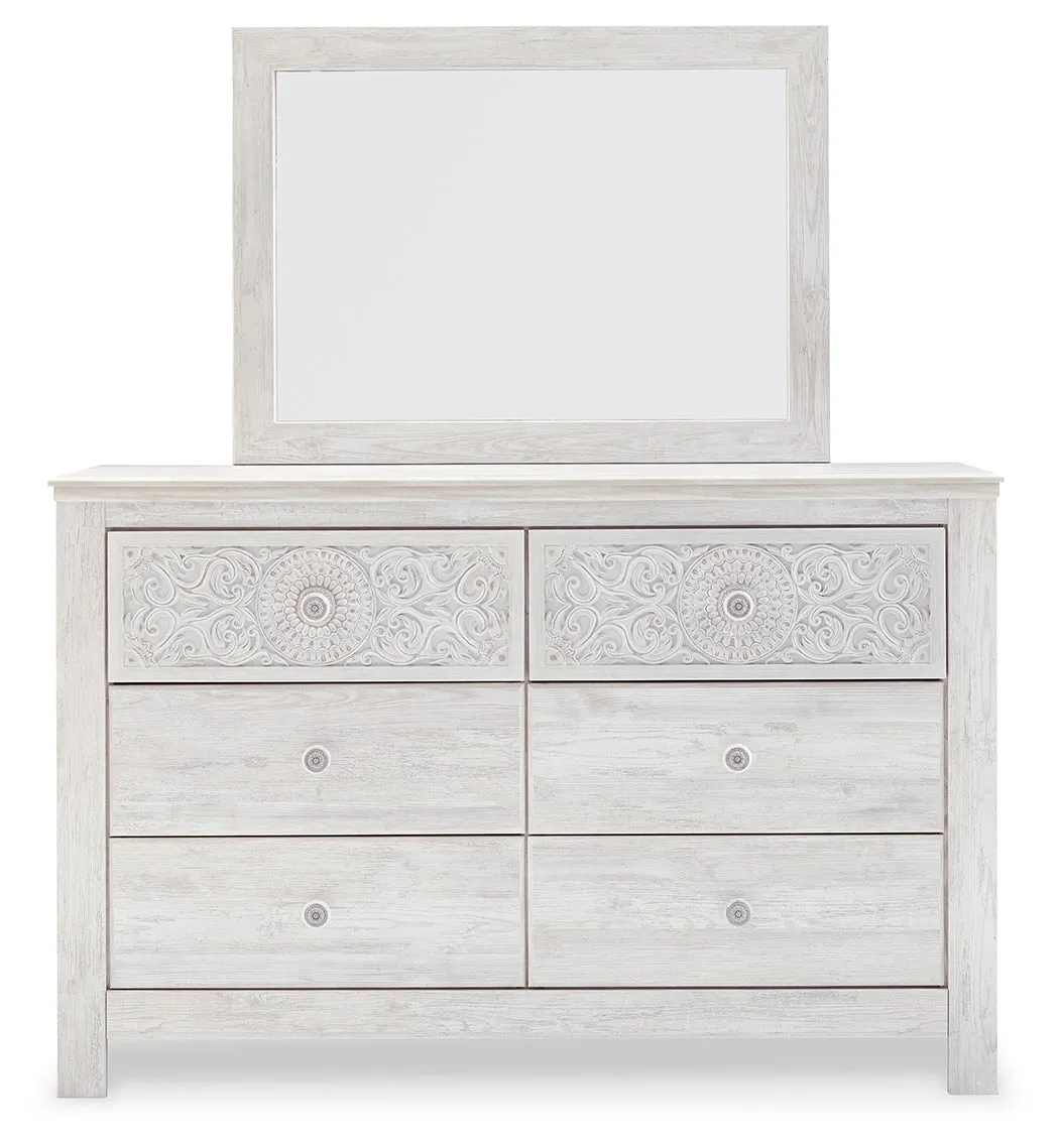 Paxberry Queen Panel Bed with Mirrored Dresser, Chest and 2 Nightstands in Whitewash