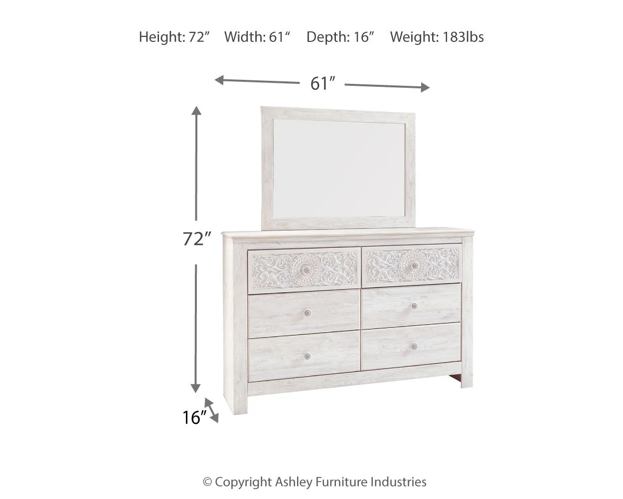 Paxberry Queen Panel Bed with Mirrored Dresser, Chest and 2 Nightstands in Whitewash