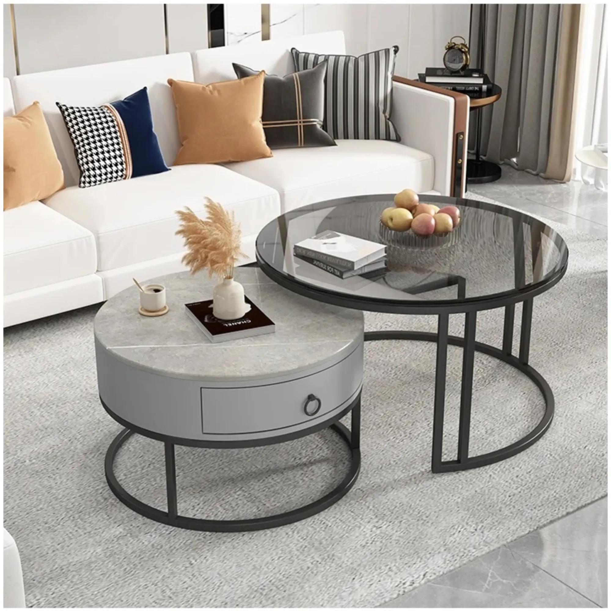 Round Nesting Glass Top Coffee End Table With 1 Drawer Table Xt-3 Black And Grey