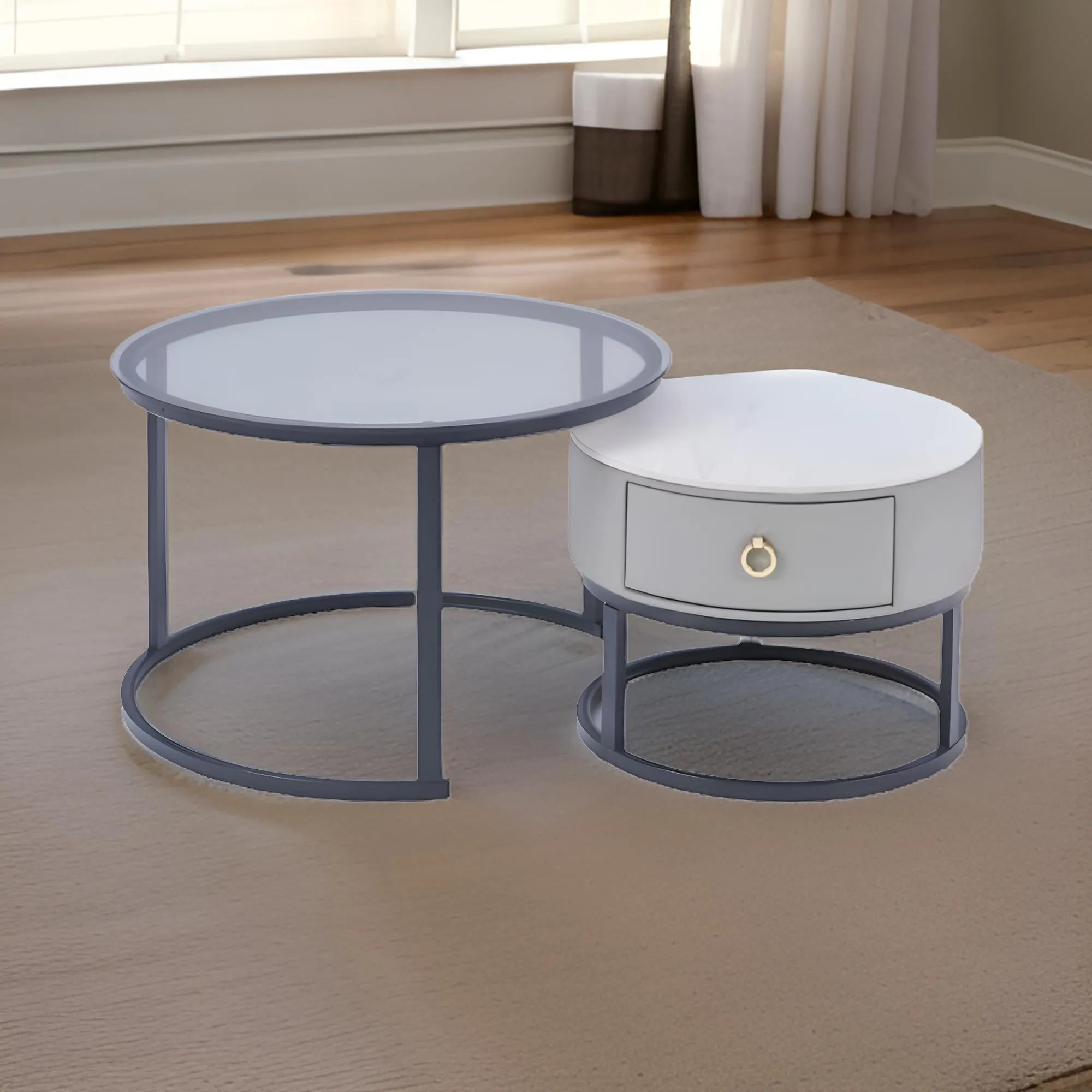 Round Nesting Glass Top Coffee End Table With 1 Drawer Table Xt-3 Black And Grey