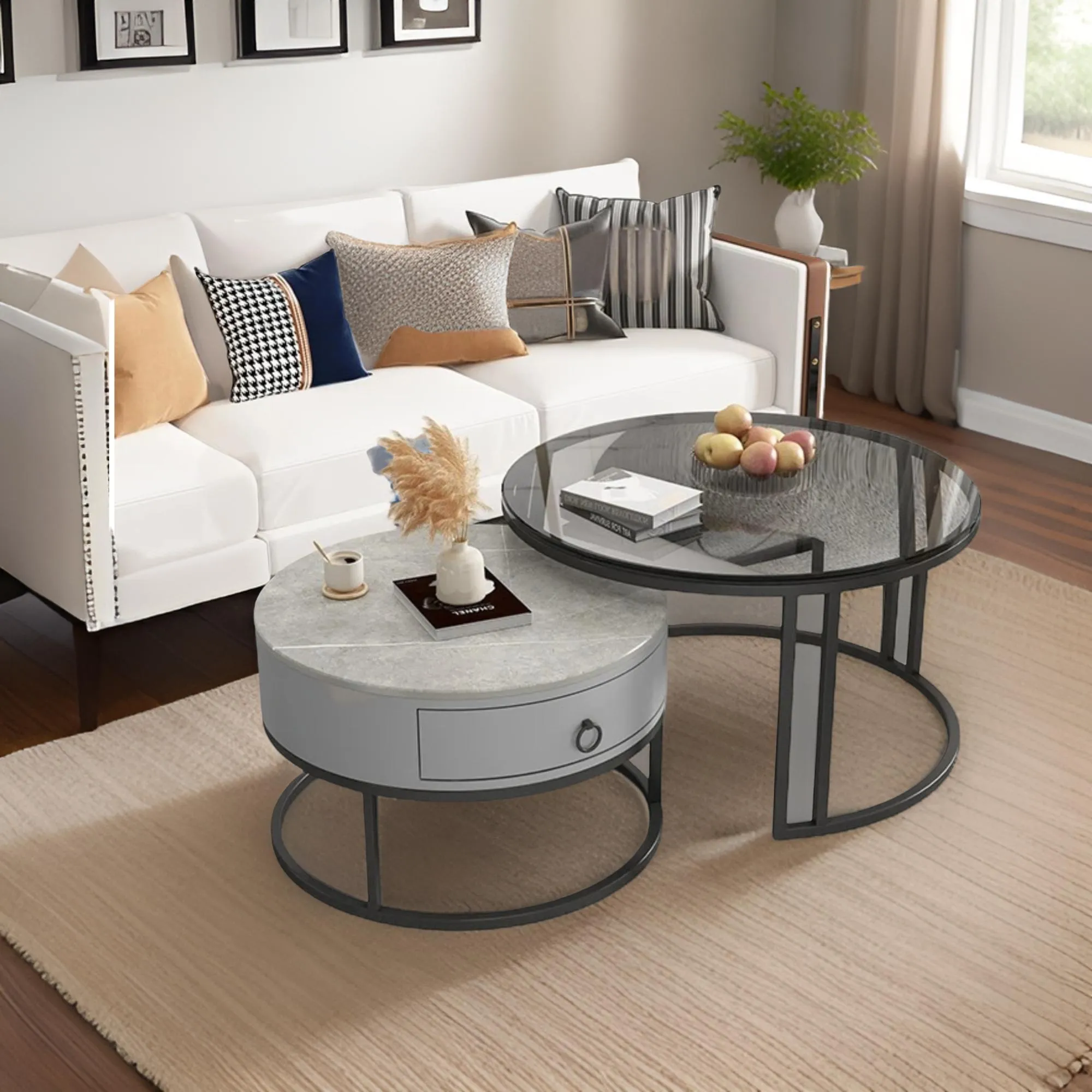 Round Nesting Glass Top Coffee End Table With 1 Drawer Table Xt-3 Black And Grey