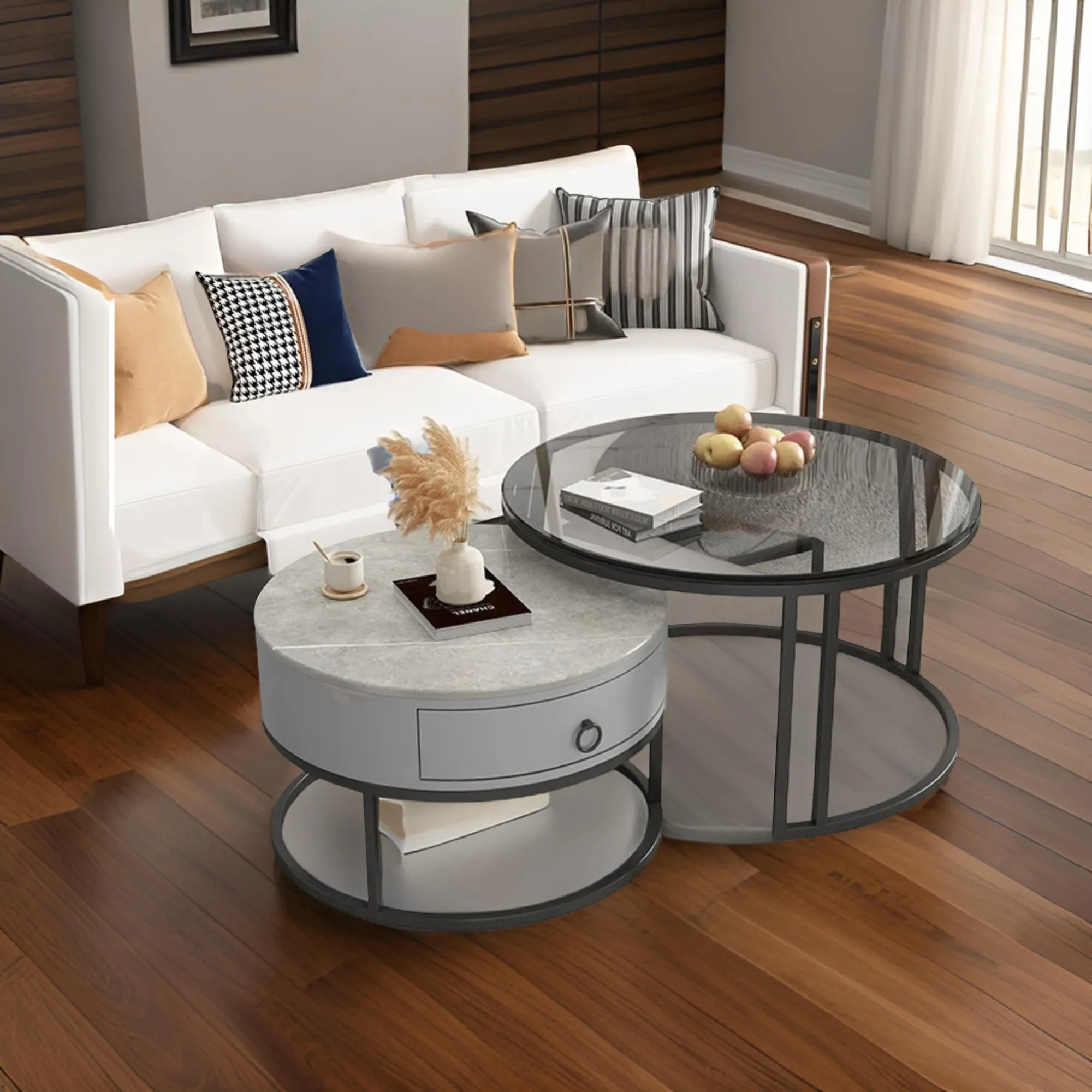 Round Nesting Glass Top Coffee End Table With 1 Drawer Table Xt-3 Black And Grey