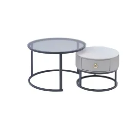 Round Nesting Glass Top Coffee End Table With 1 Drawer Table Xt-3 Black And Grey