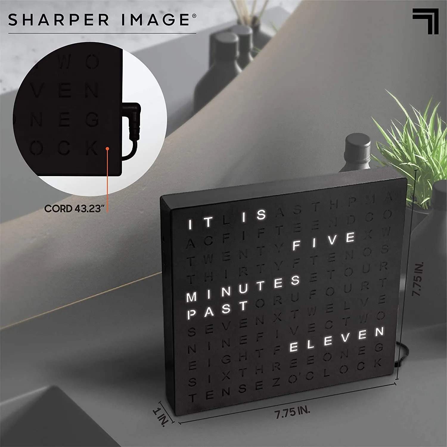 Sharper Image Light up Electronic Plug-In Word Clock, Black Finish with LED Light Display, USB Cord and Power Adapter, Unique Contemporary Home and Office Décor Black, (Black)