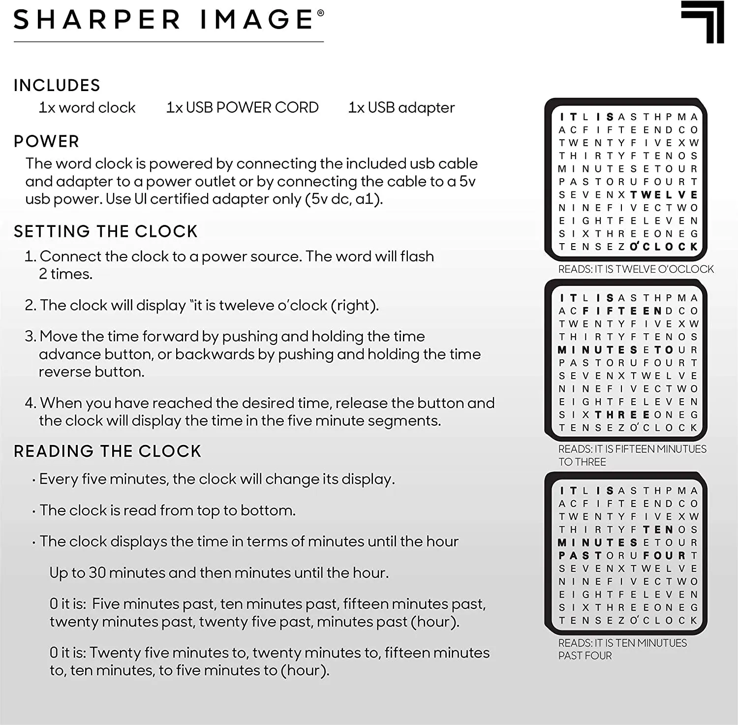 Sharper Image Light up Electronic Plug-In Word Clock, Black Finish with LED Light Display, USB Cord and Power Adapter, Unique Contemporary Home and Office Décor Black, (Black)