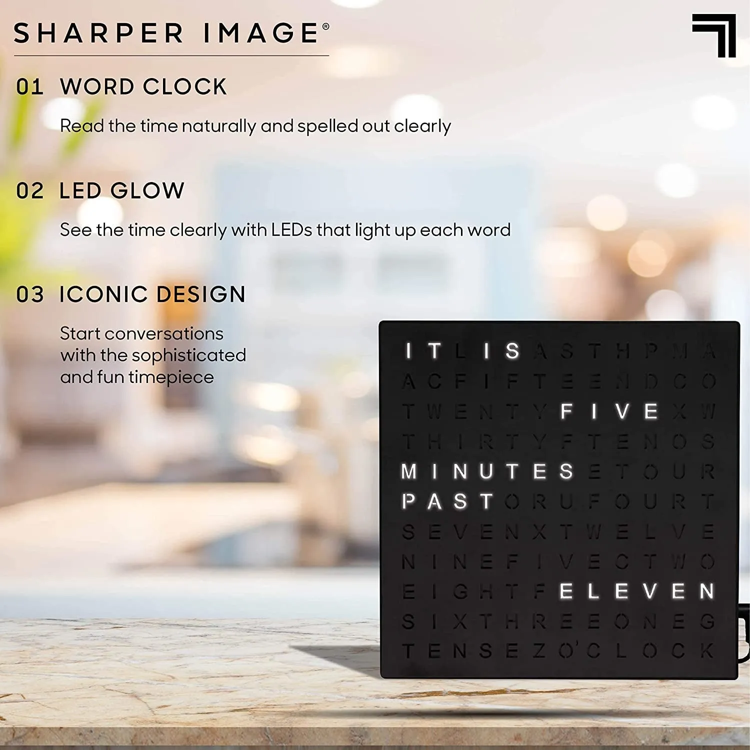 Sharper Image Light up Electronic Plug-In Word Clock, Black Finish with LED Light Display, USB Cord and Power Adapter, Unique Contemporary Home and Office Décor Black, (Black)