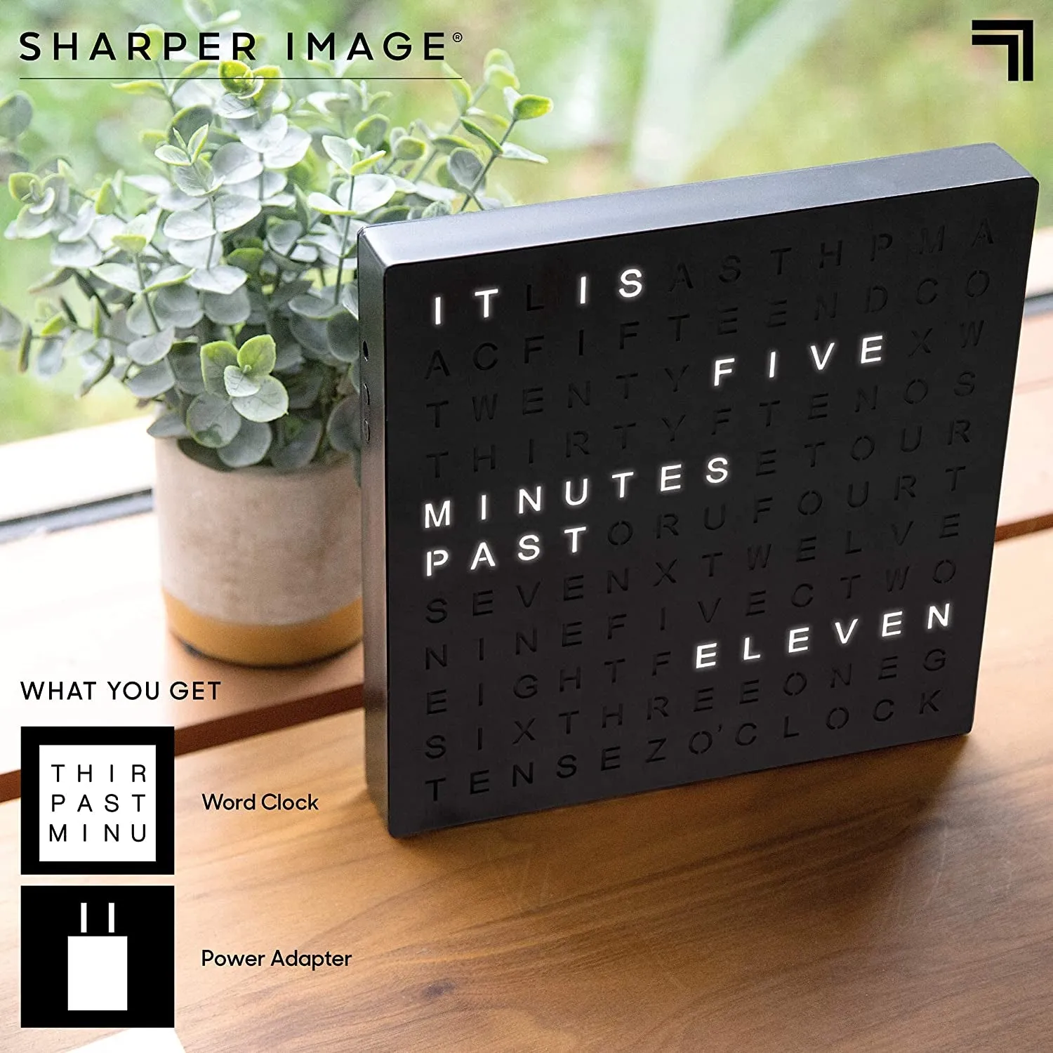 Sharper Image Light up Electronic Plug-In Word Clock, Black Finish with LED Light Display, USB Cord and Power Adapter, Unique Contemporary Home and Office Décor Black, (Black)