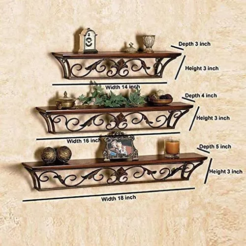 Simran Handicrafts Kinton Floating Mounted Set of 3, Wood and Iron Wall Shelves for Bedroom, Living Room, Bathroom, Kitchen (Brown)