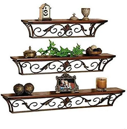 Simran Handicrafts Kinton Floating Mounted Set of 3, Wood and Iron Wall Shelves for Bedroom, Living Room, Bathroom, Kitchen (Brown)