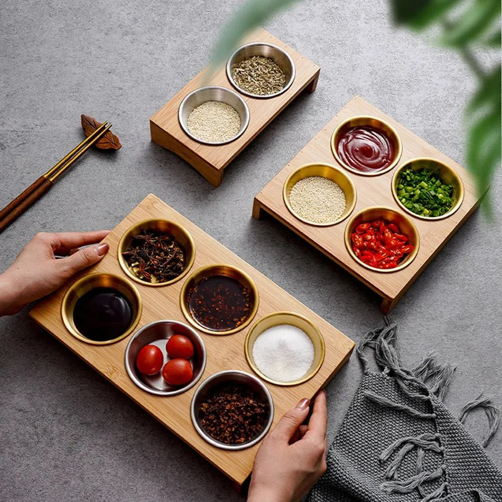 Wooden Condiment Set with Stainless Steel Dip Bowls on Bamboo Tray