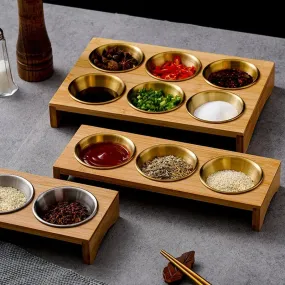 Wooden Condiment Set with Stainless Steel Dip Bowls on Bamboo Tray