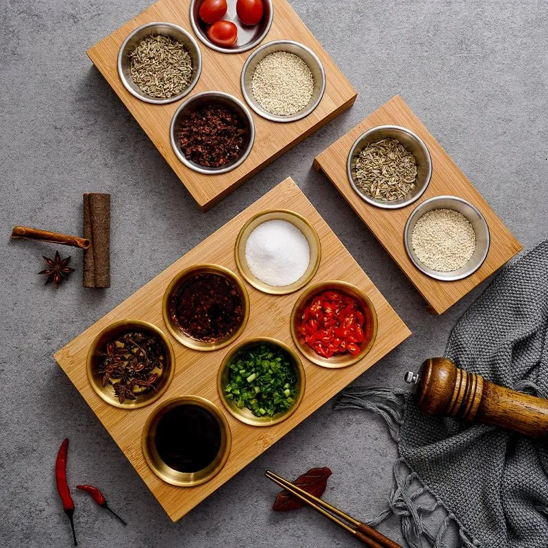 Wooden Condiment Set with Stainless Steel Dip Bowls on Bamboo Tray