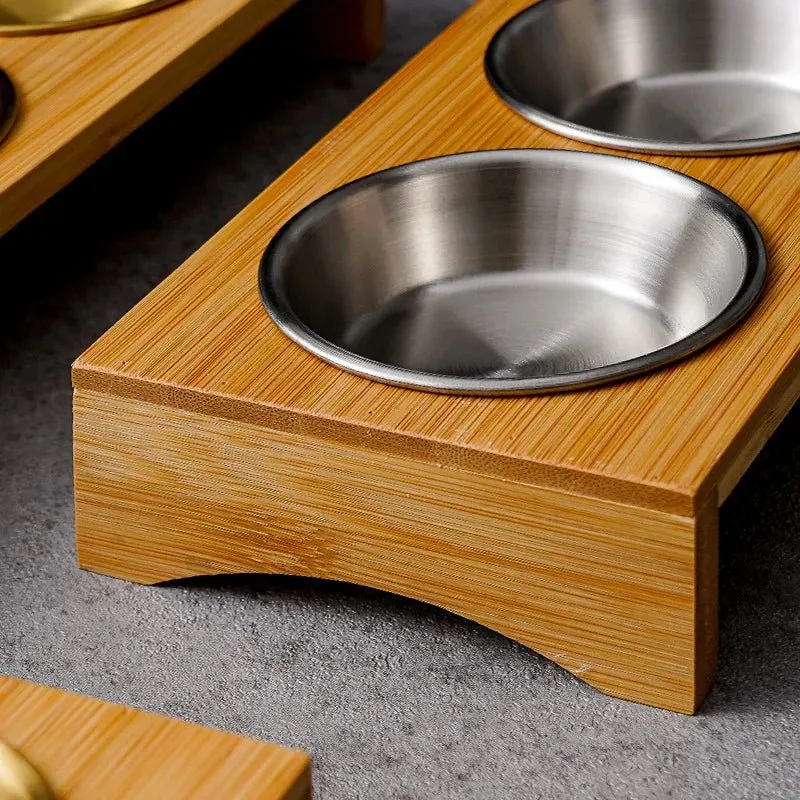 Wooden Condiment Set with Stainless Steel Dip Bowls on Bamboo Tray