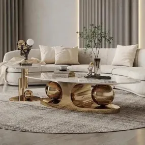 Wooden Twist Globe Shape Coffee Table Marble Top and Golden Finish Elegant Centerpiece for Your Living Room Decor