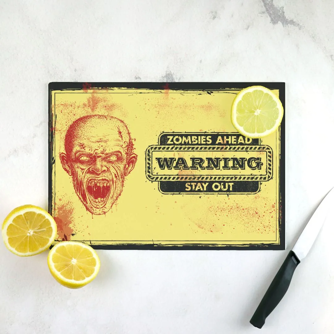 Zombies Ahead Halloween Tempered Glass Cutting Board 15.75" X 11.5" - Designed by Michigan Artists