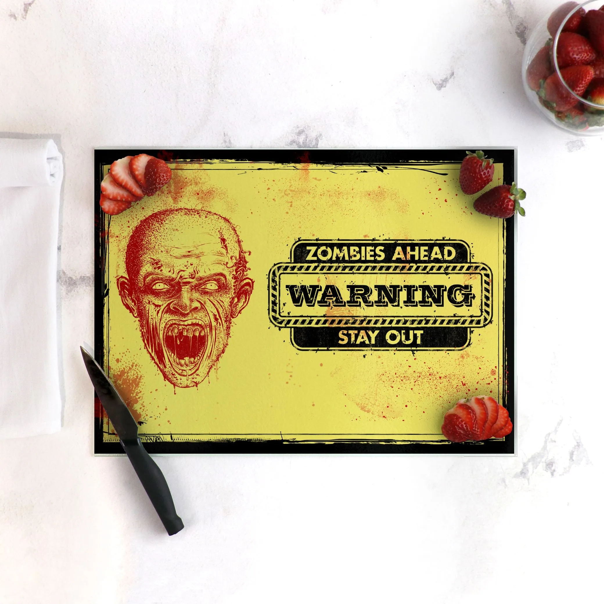 Zombies Ahead Halloween Tempered Glass Cutting Board 15.75" X 11.5" - Designed by Michigan Artists